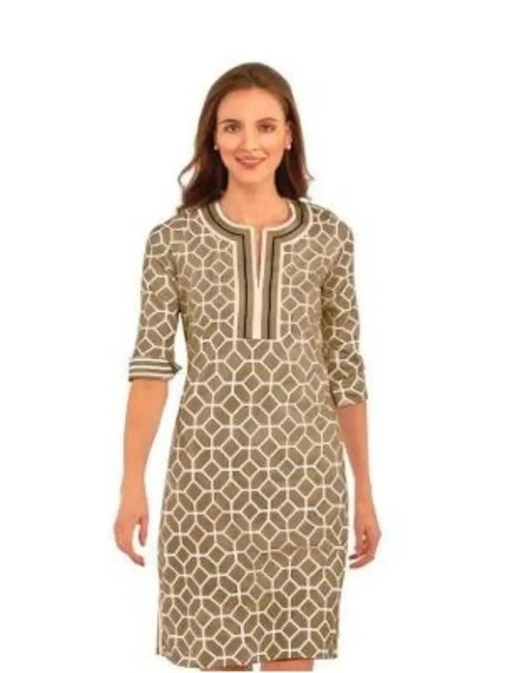 Gretchen Scott Women’s Khaki Geometric Pattern V-Neck Jersey Dress Size S